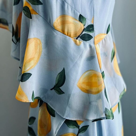 Melanie Lyne Icy Blue Lemon Print Asymmetrical Overlay Chiffon Maxi Dress – US 2 - Picture 13 of 15